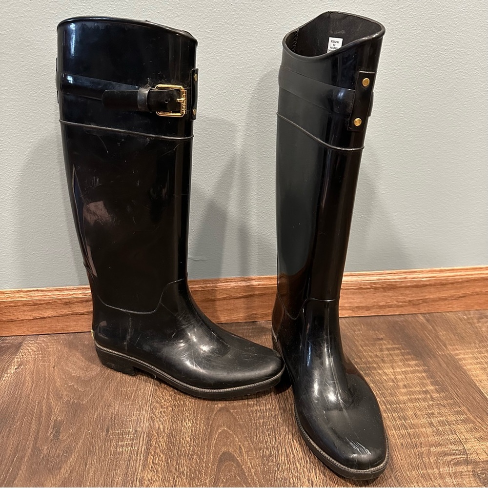 Lauren Ralph Lauren Black Pull On Knee‎ High Rain Boots Buckle Gold Womens 6 B